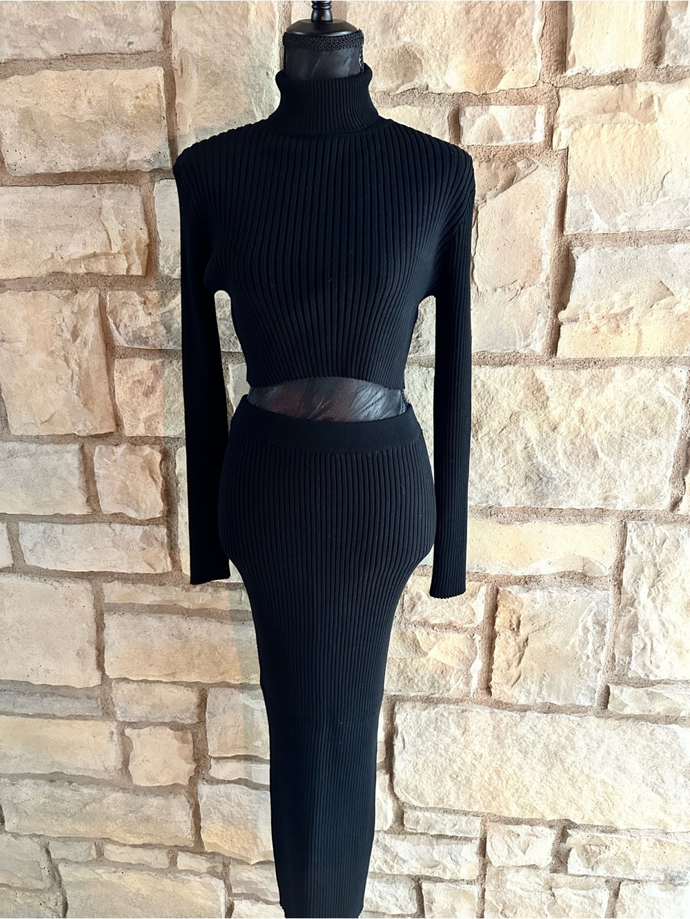 Ribbed Black Two-Piece Knit Set - Turtleneck Crop & Fitted Skirt